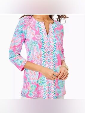 Lilly Pulitzer Karina Tunic Prosecco Seaing Things Print Pink Blue 3/4 Sleeve XL